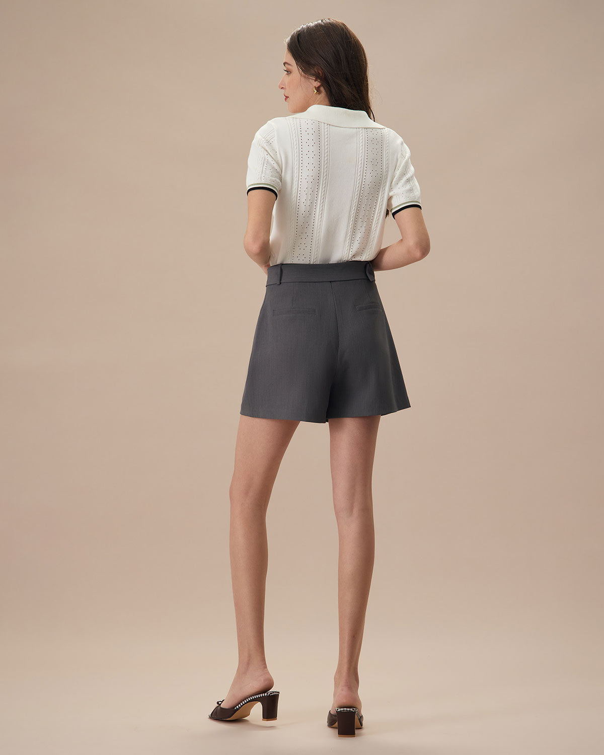 Women's Grey High-Waisted Belted Pleated Shorts - Image 5