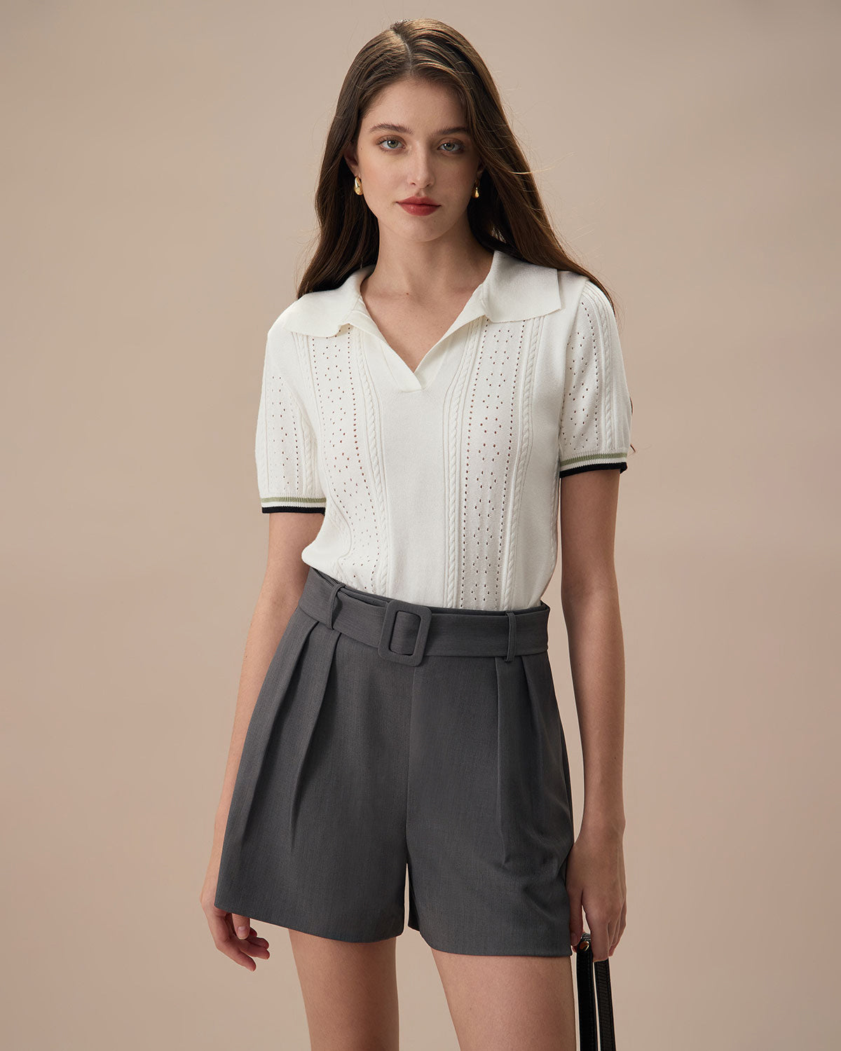 Women's Grey High-Waisted Belted Pleated Shorts - Image 3