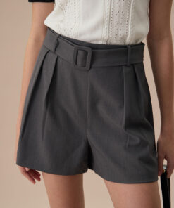 Women's Grey High-Waisted Belted Pleated Shorts